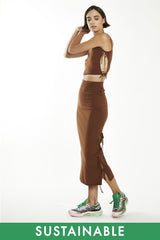 Mahogany-Brown Side Tie Knit Midi-Skirt