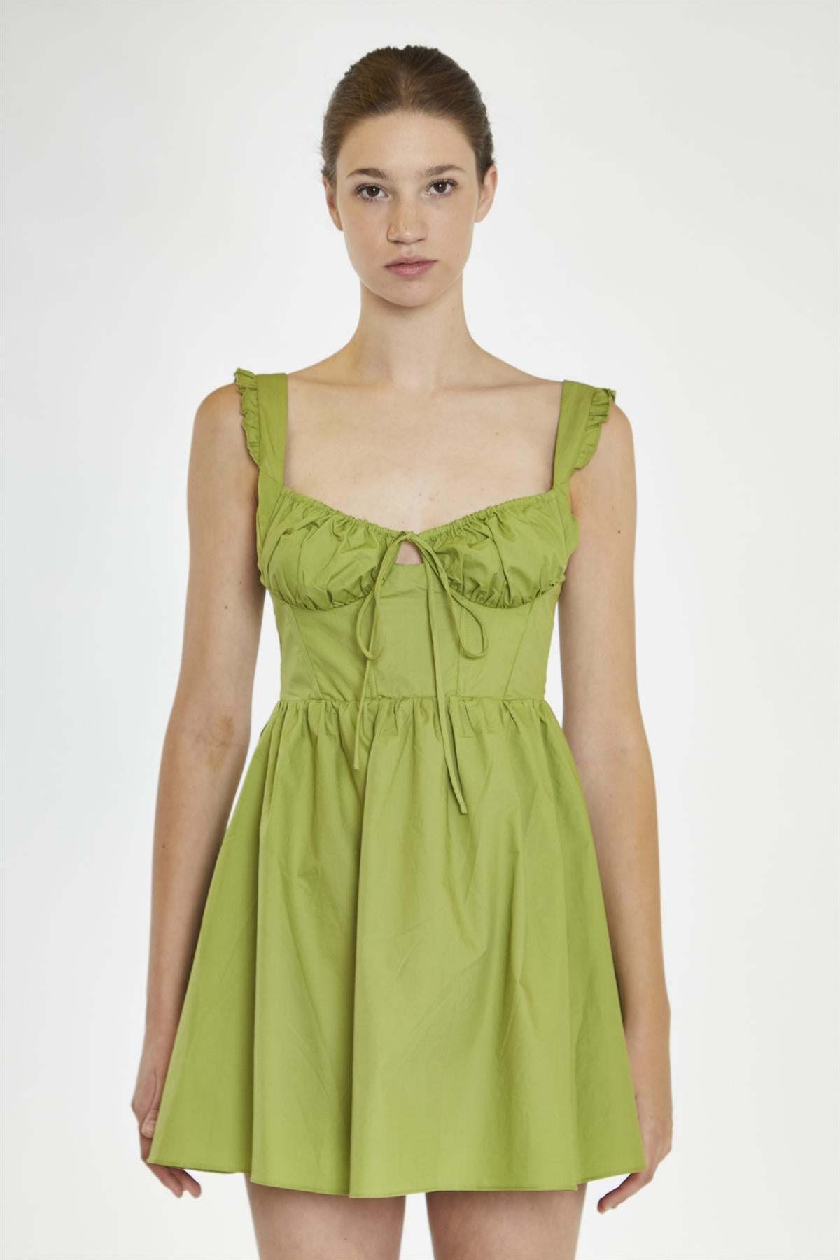 Leaf-Green Gathered-Bust Mini-Dress