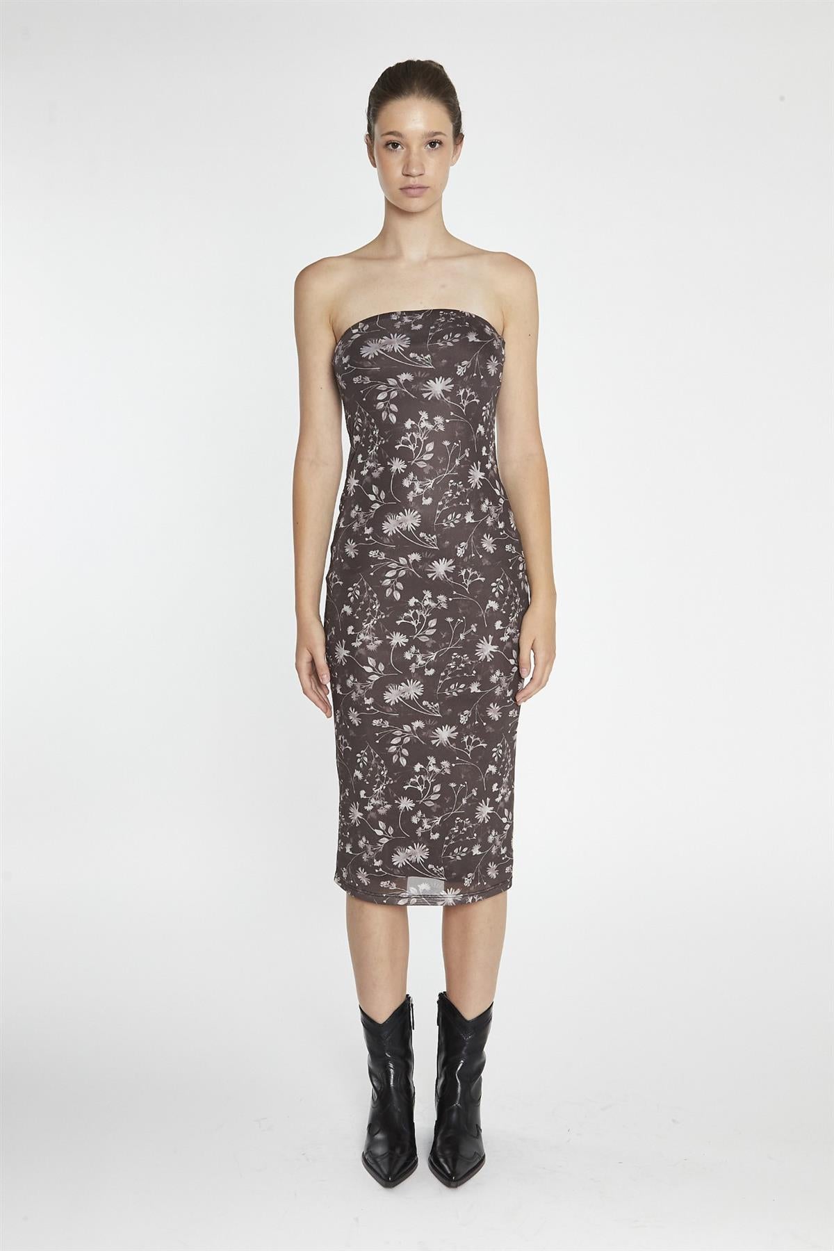 Brown-Floral Mesh Bandeau Midi-Dress