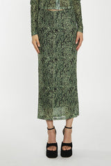 Green-Black Animal Mesh Pencil Midi-Skirt