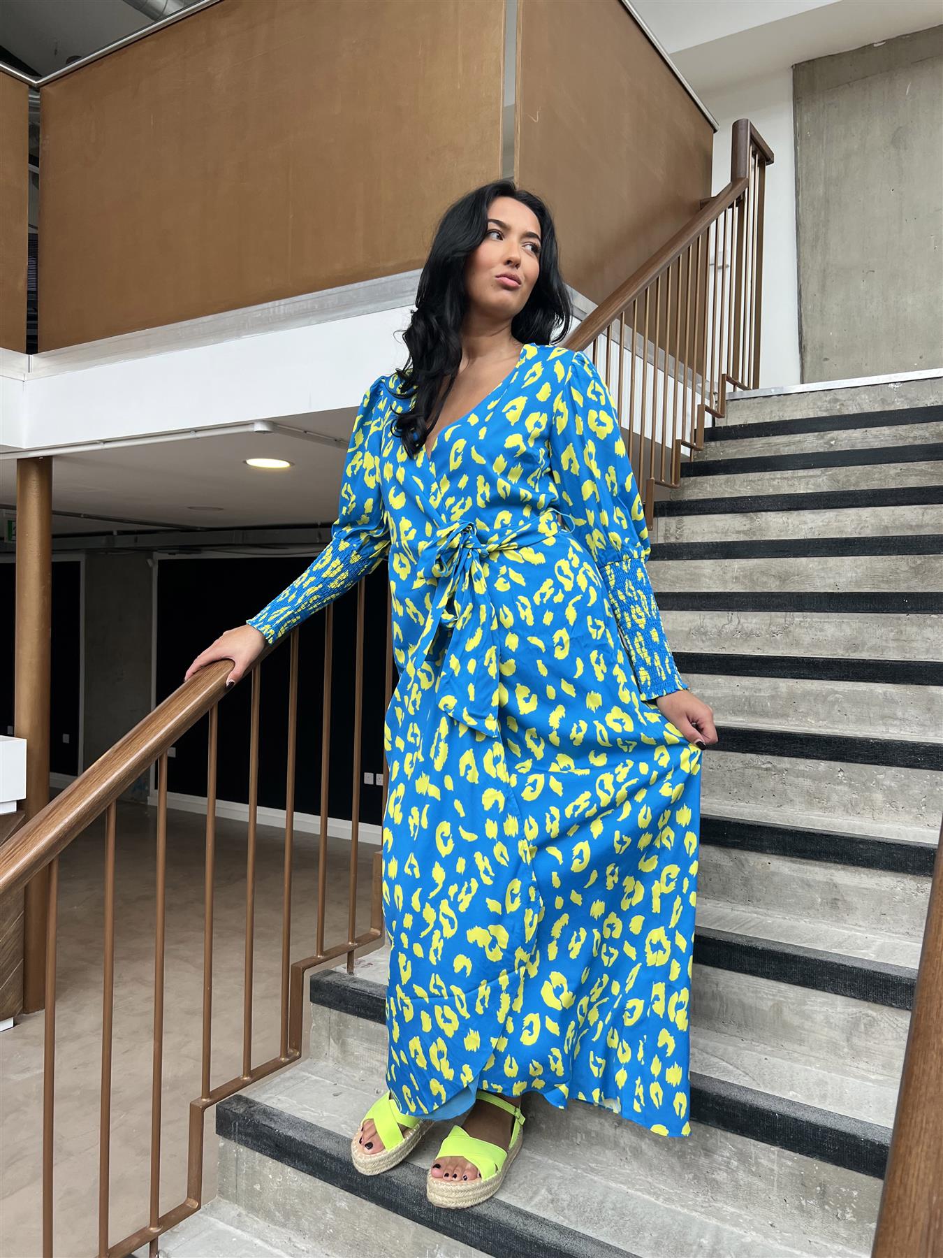 Cobalt-Yellow Leopard Wrap Midi-Dress