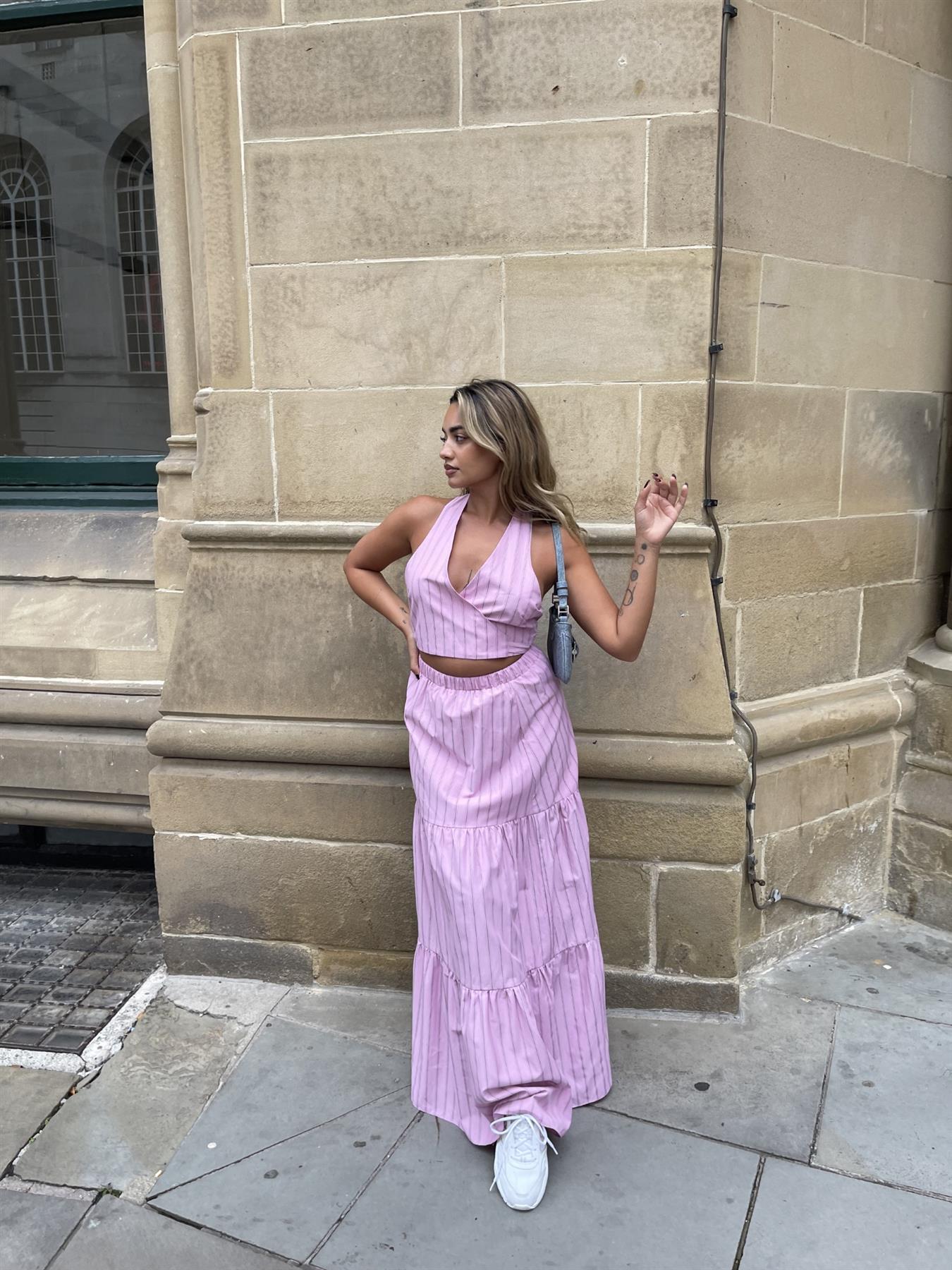 Pink Vertical-Stripe Tiered Maxi-Skirt