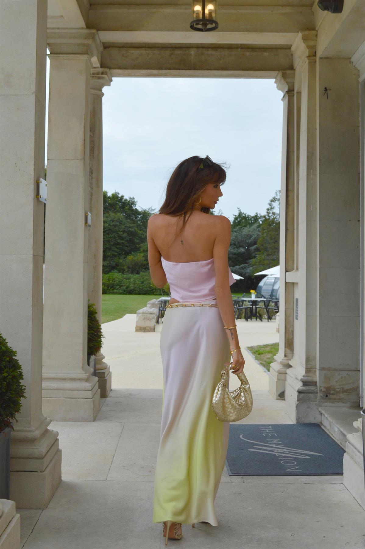 Green-Pink Ombre Bias-Cut Midi-Skirt