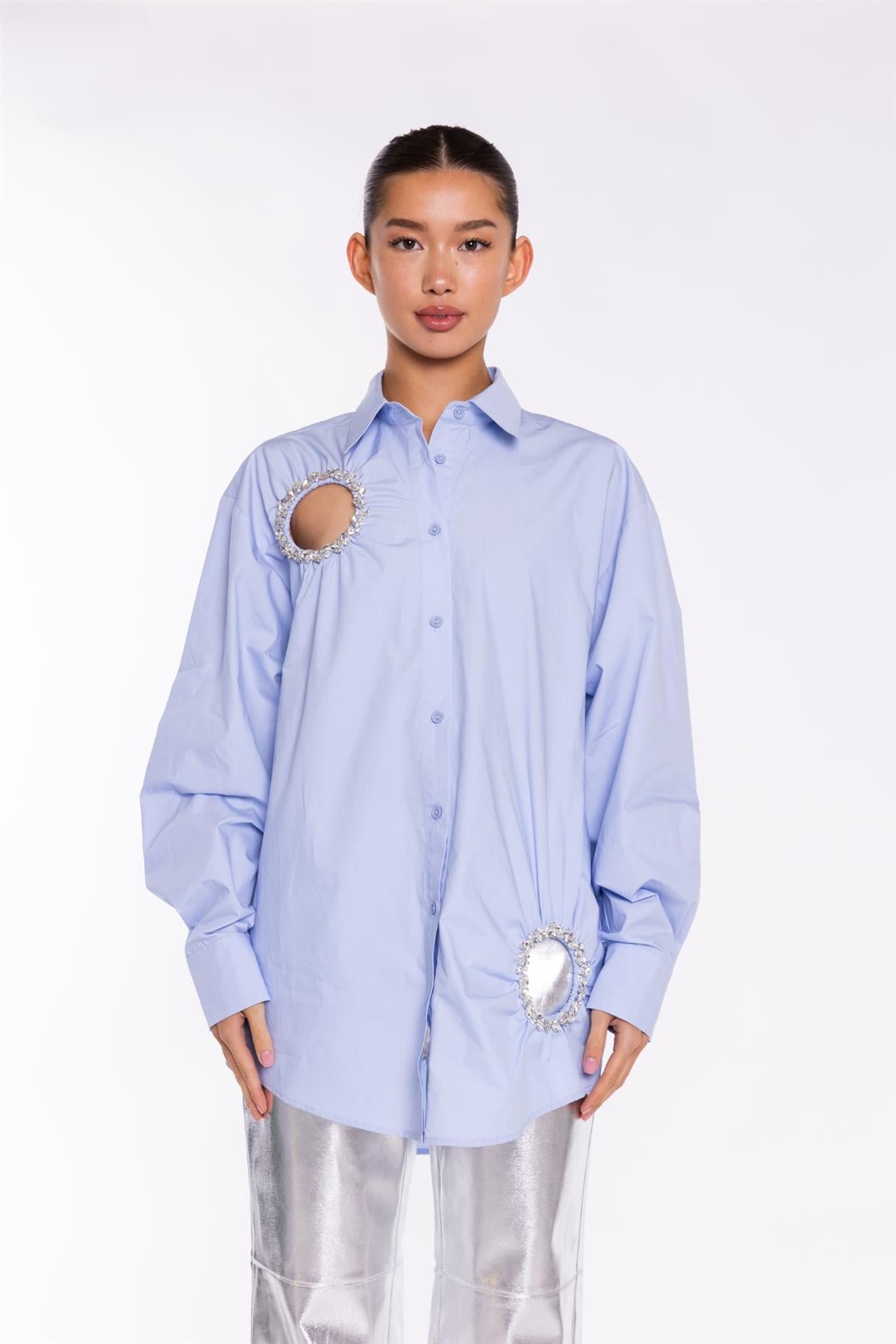 Light-Blue Rhinestone Cut-Out -Shirt