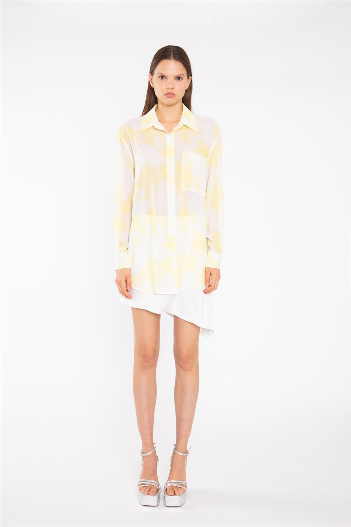 Yellow Print-Chiffon Button Down Classic-Shirt