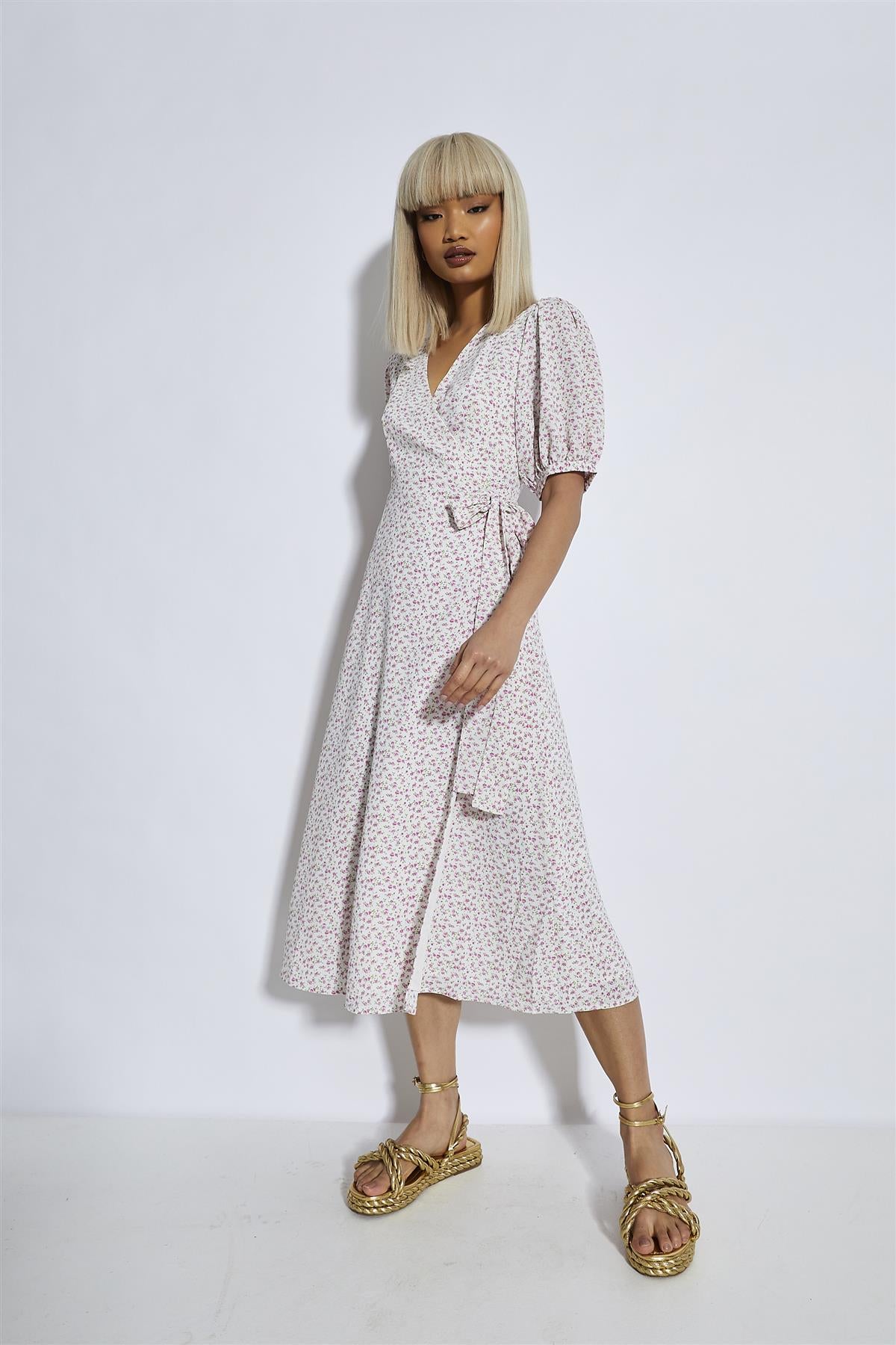 Pink Mini Vintage-Rose Midi Wrap-Dress