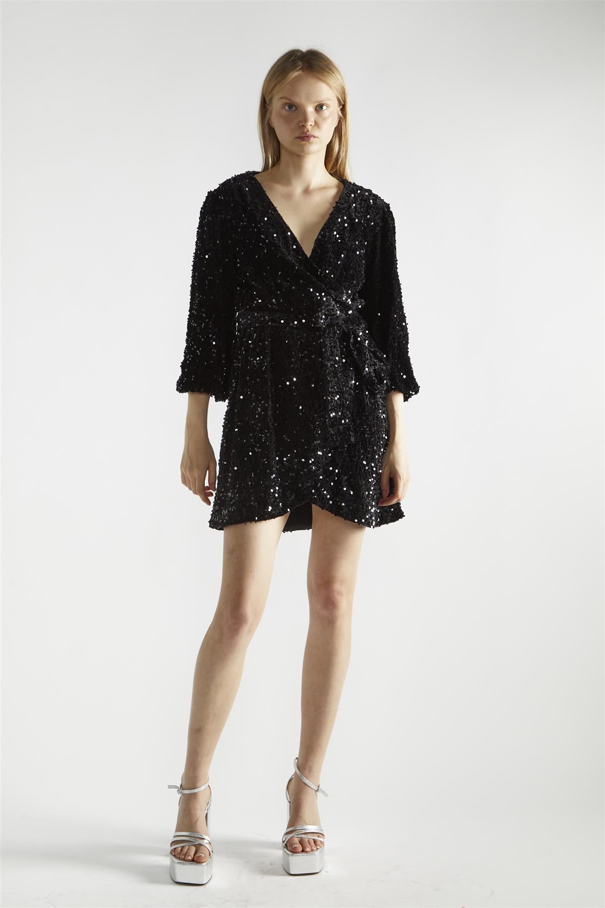 Black Velvet-Sequin Wrap Mini-Dress