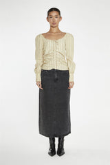 Straw-Gold Stripe Gathered-Front Top