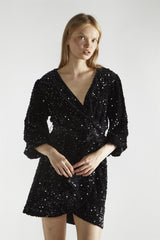 Black Velvet-Sequin Wrap Mini-Dress