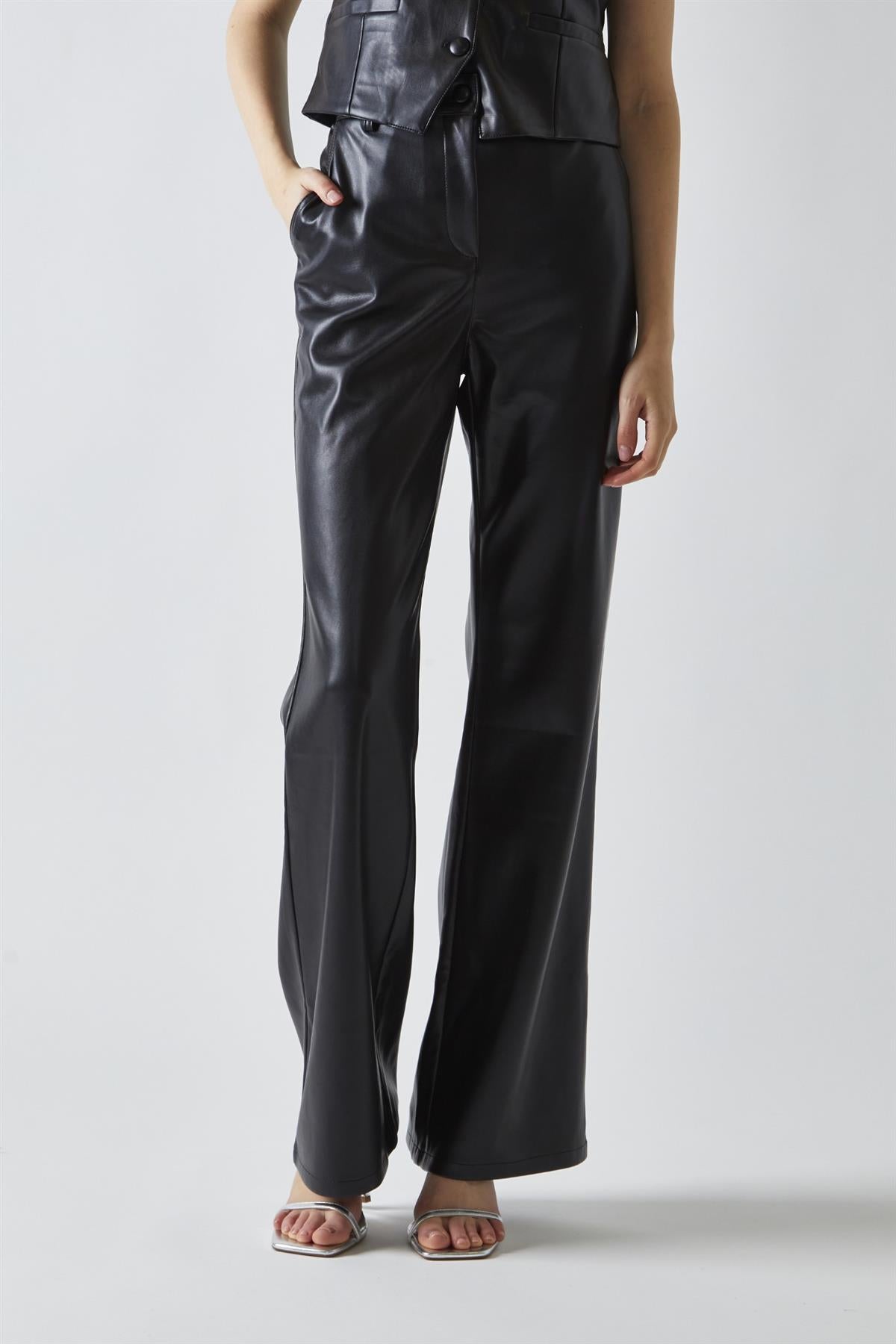 Black-PU  Flared-Trousers