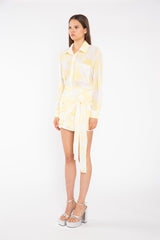 Yellow Print-Chiffon Ruched Tie-Front Mini-Skirt