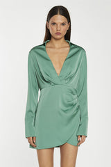 Spruce-Green Satin Collared Wrap Mini-Dress