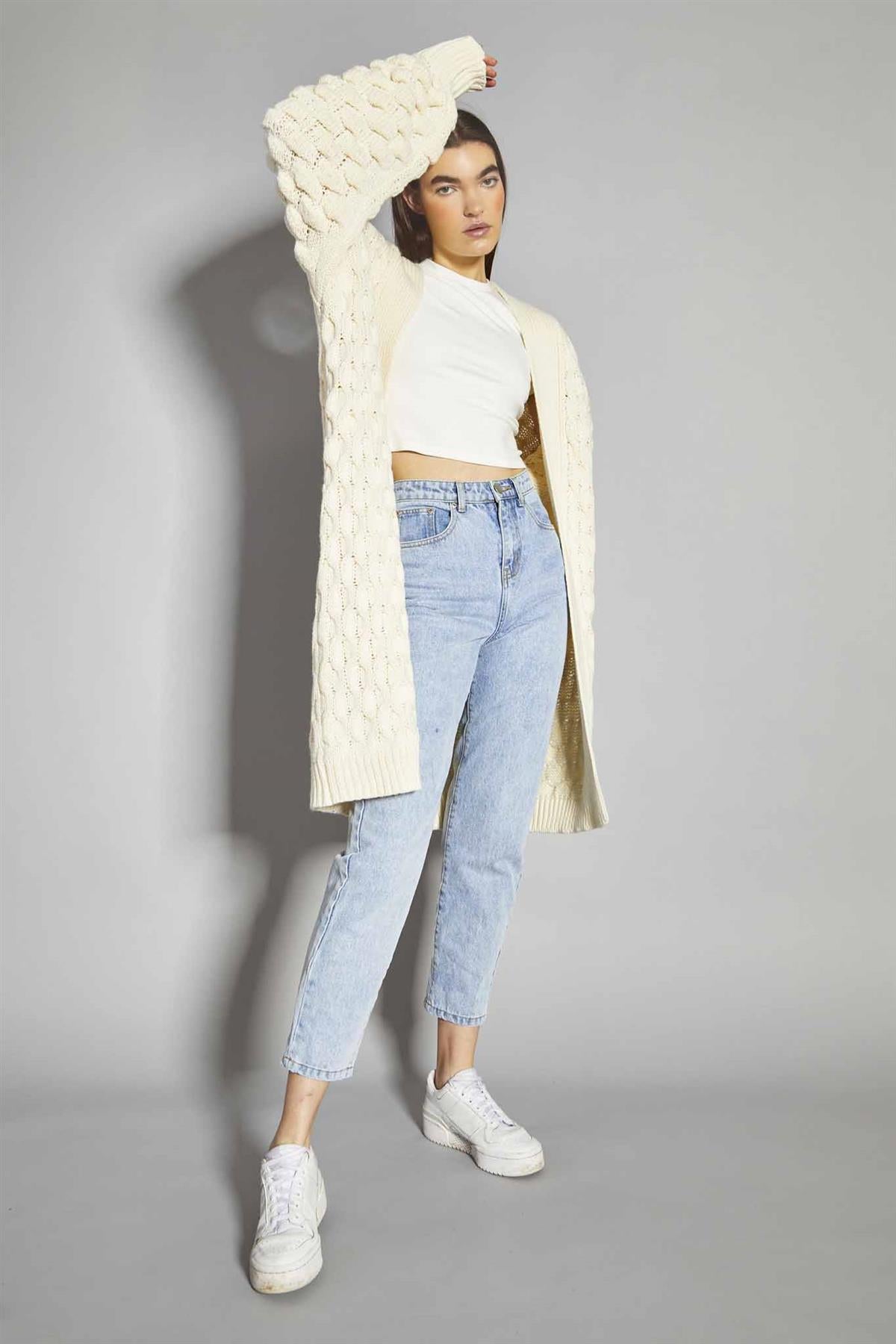 Cream Cable Knit Longline-Cardigan