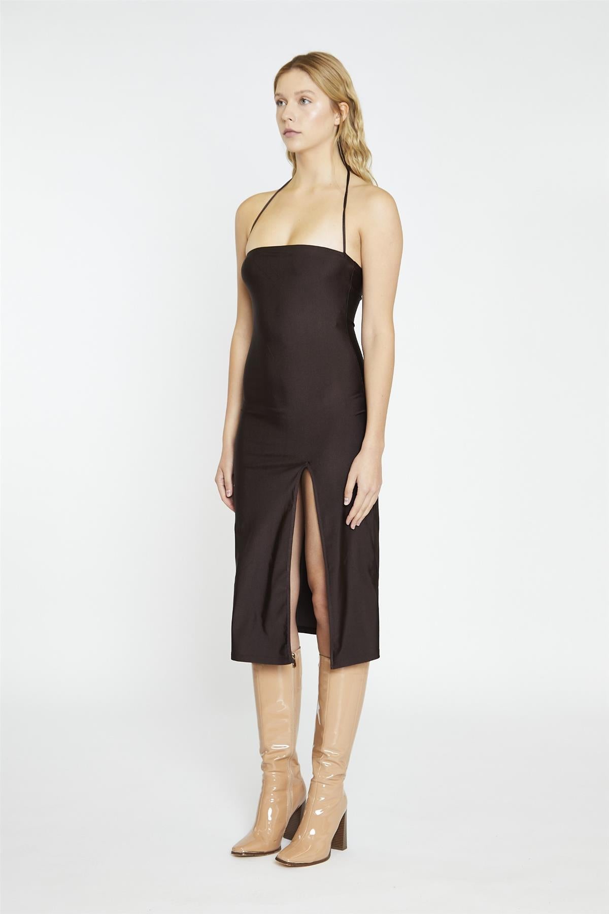 Dark Brown Square Halterneck Midi-Dress