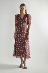 Burgundy-Floral Organza  V-Neck Midaxi-Dress