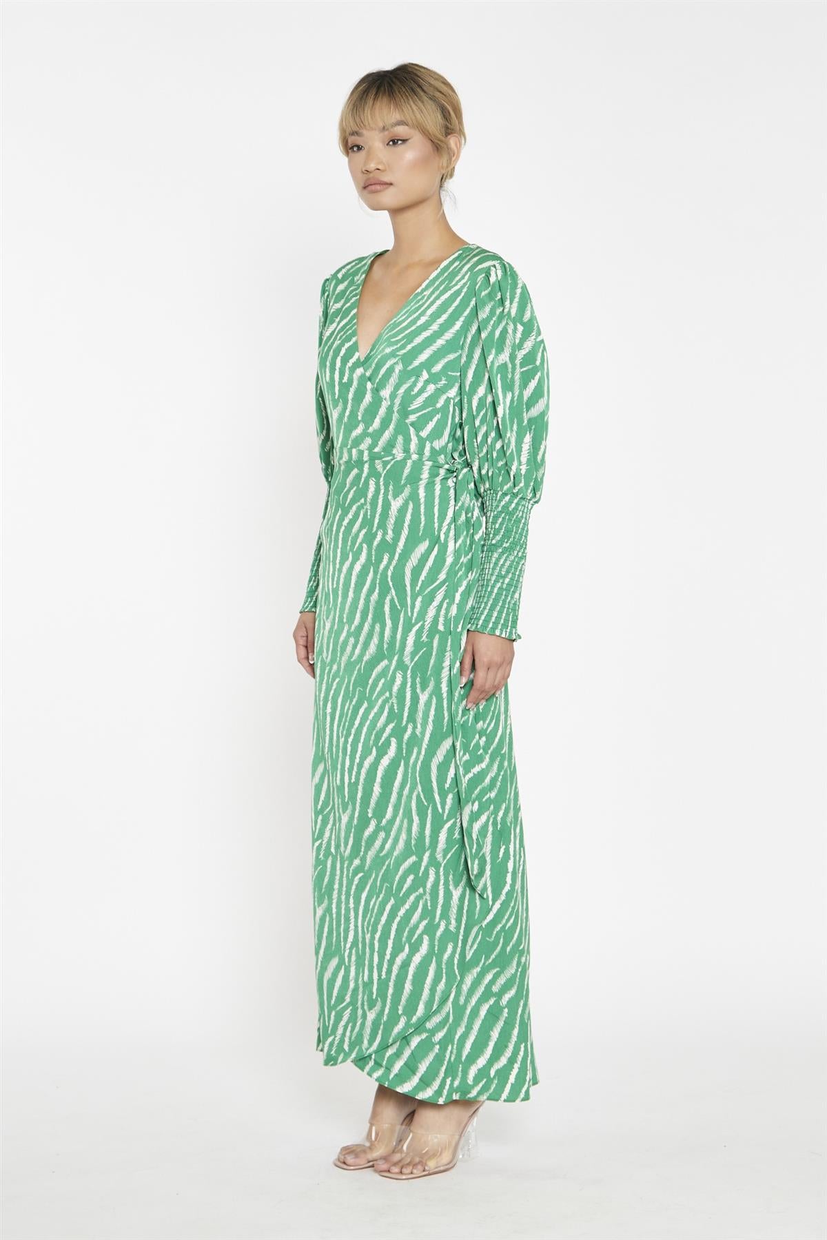 Green Sketchy-Animal Wrap Maxi-Dress