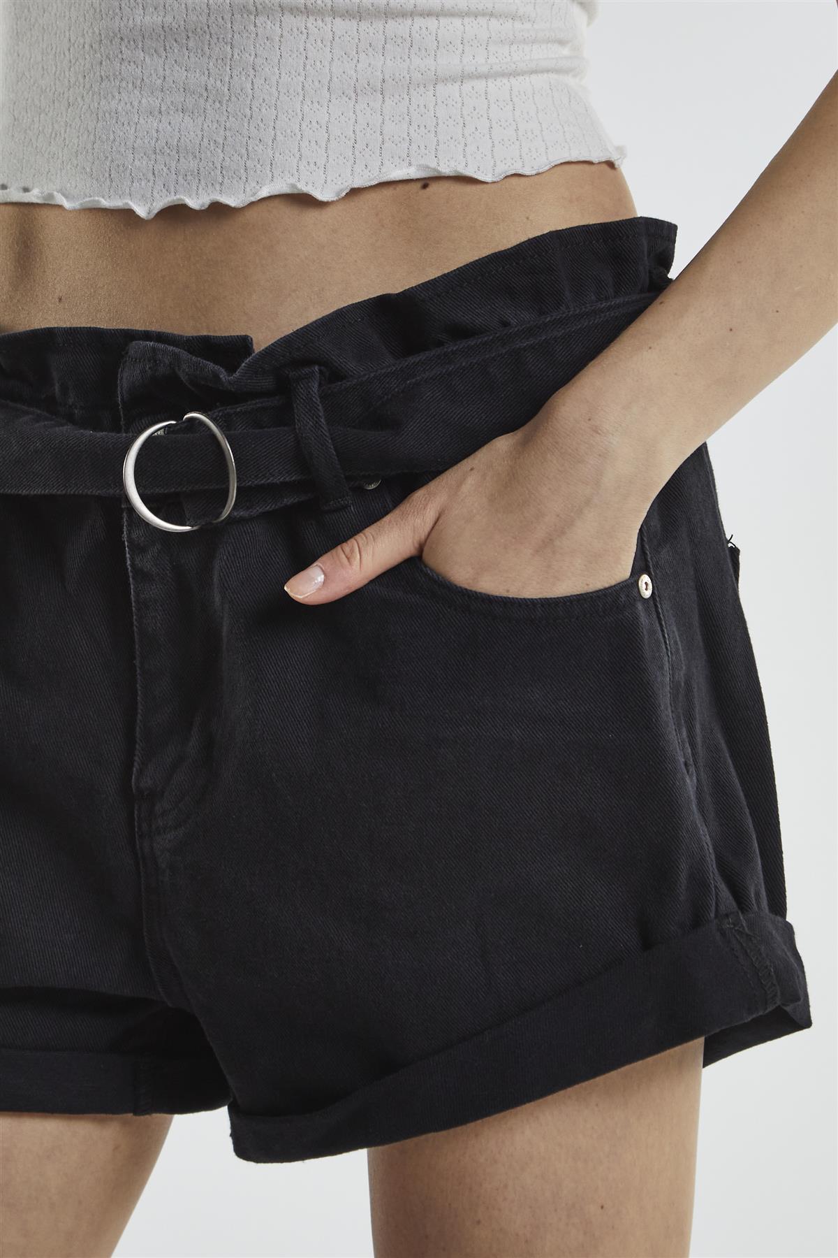 Black Denim Belted Shorts