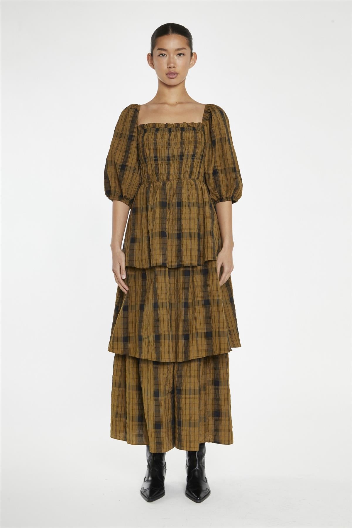 Olive-Check Tiered Maxi-Dress