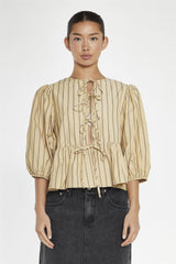 Beige-Brown Stipe Tie-Front -Top