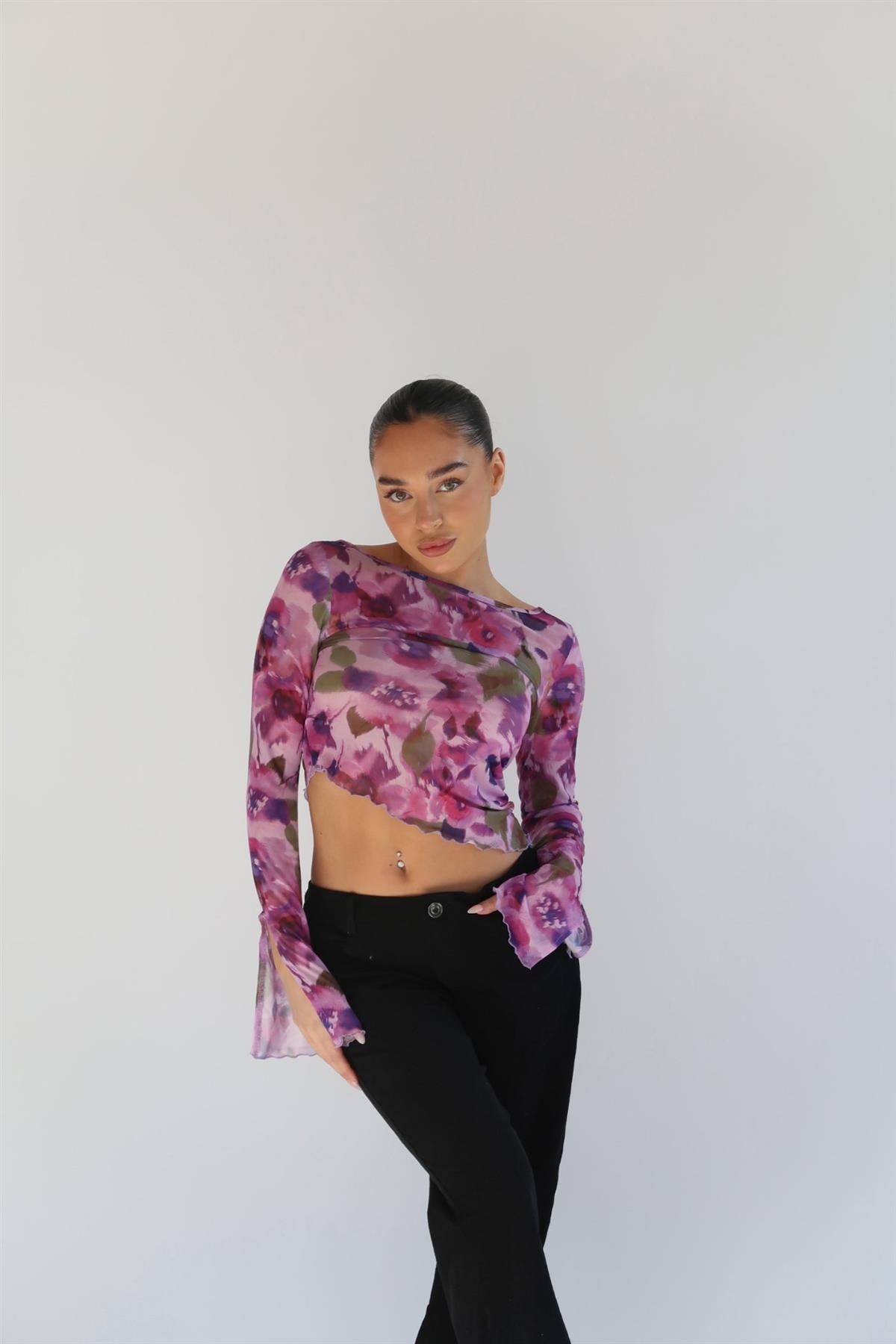 Blurred-Purple Floral Asymmetric Crop-Top