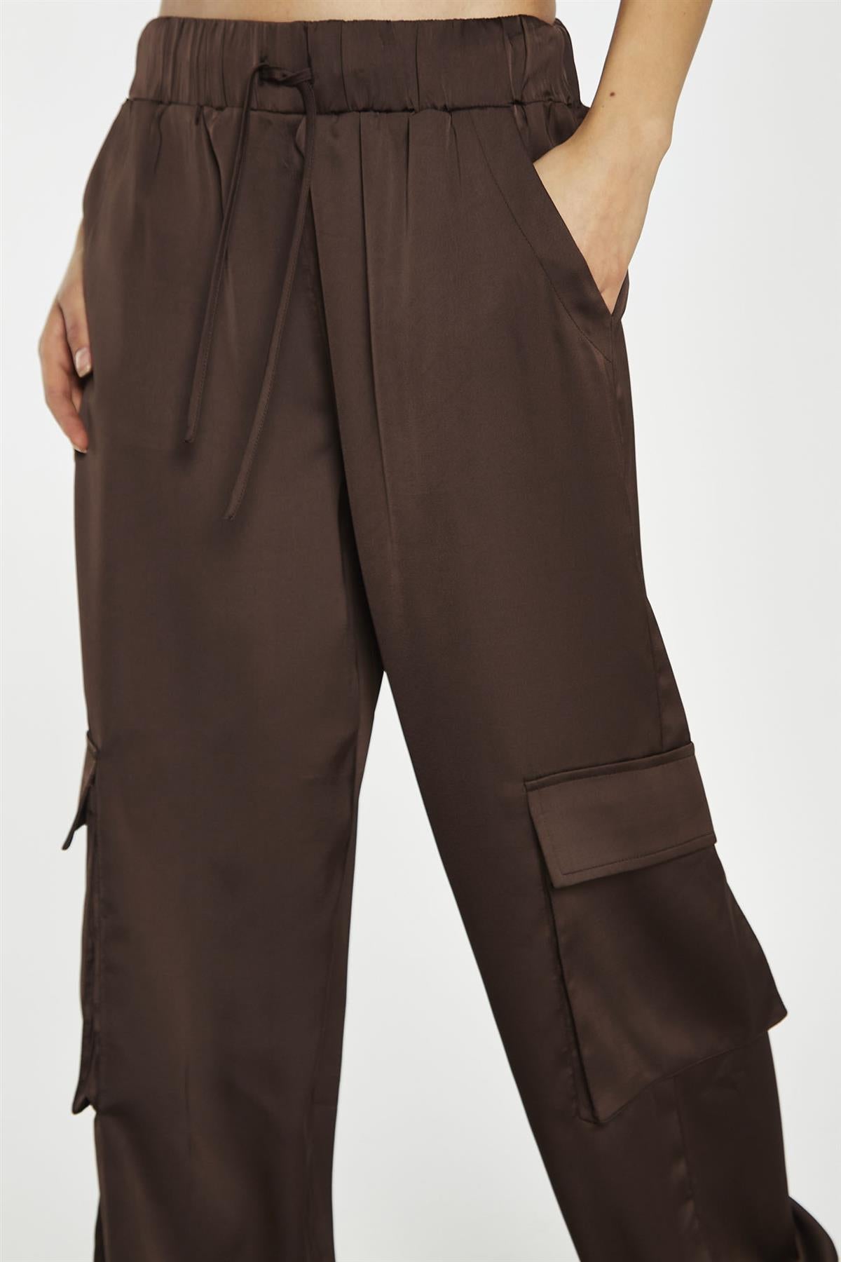 Brown-Satin Cargo Trousers