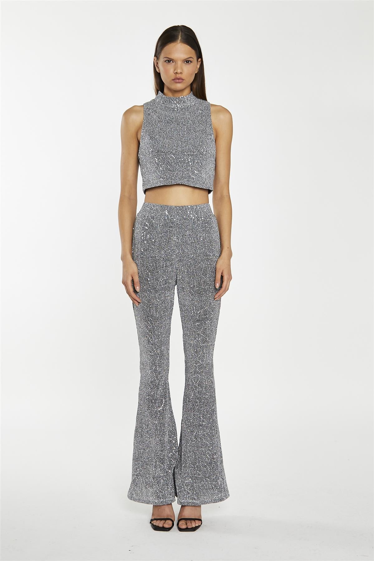 Silver-Sequin Plisse High-Neck Crop-Top