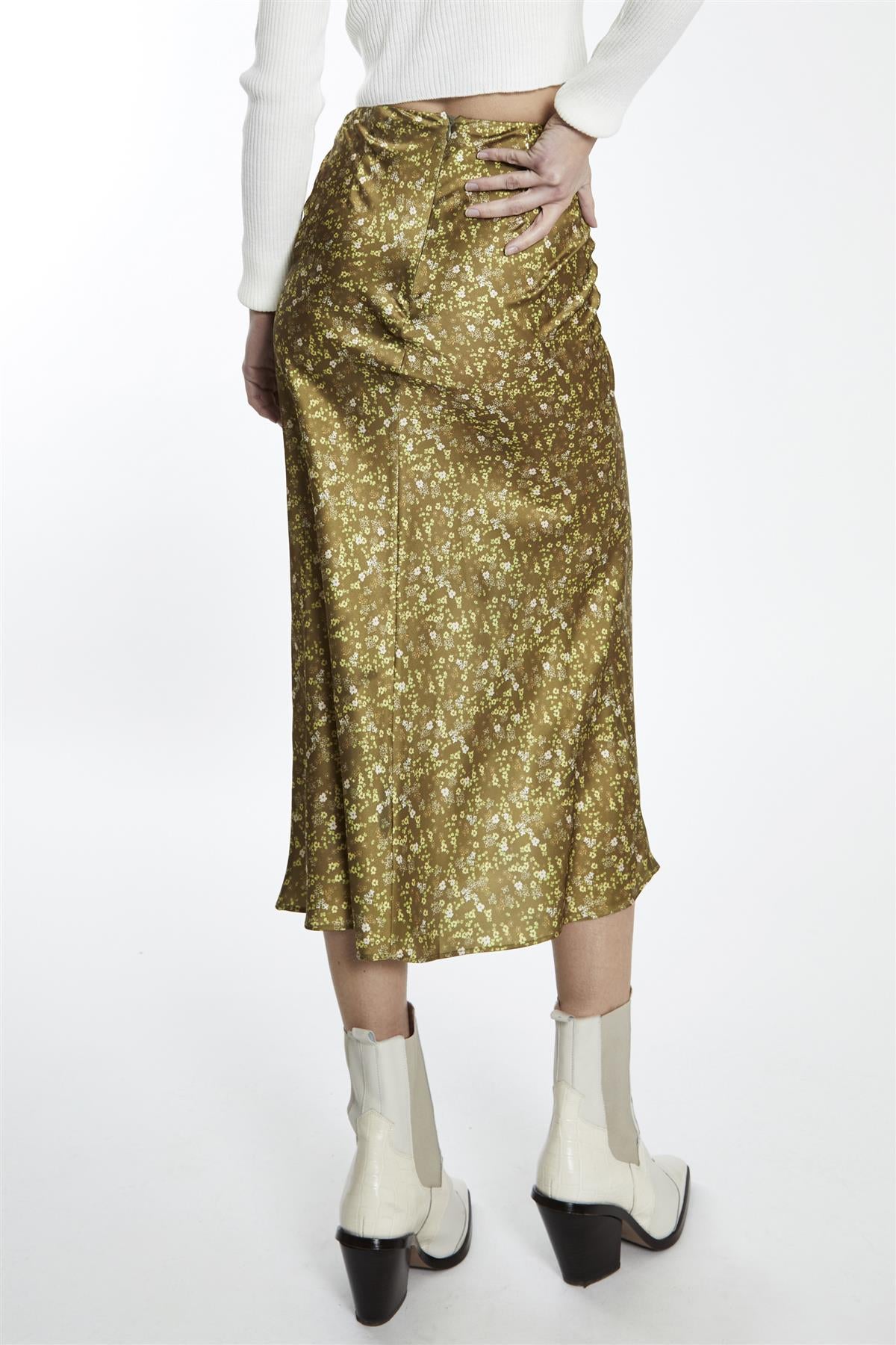 Olive-Lime Floral Bias-Cut Midi-Skirt