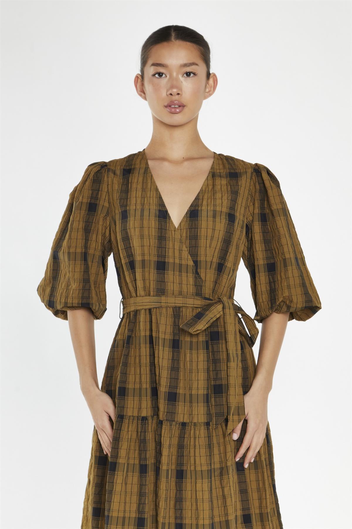 Olive-Check Wrap Midi-Dress