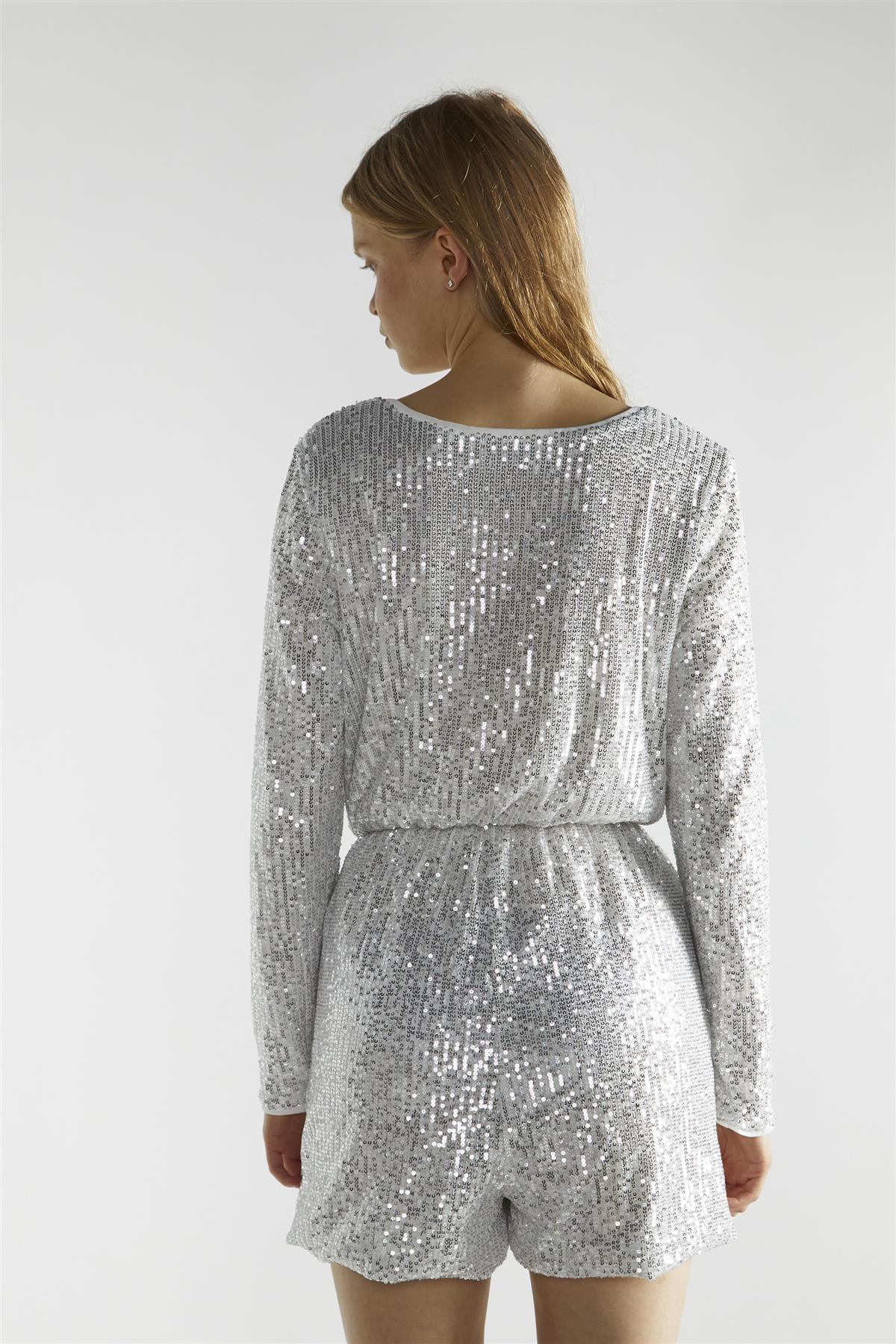 Silver-Sequin-Sequin Wrap-Front Long Sleeve Playsuit