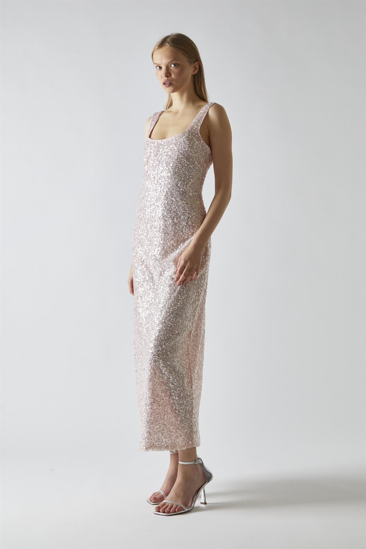 Pink-Silver Sequin Square-Neck Bias-Cut Midaxi-Dress