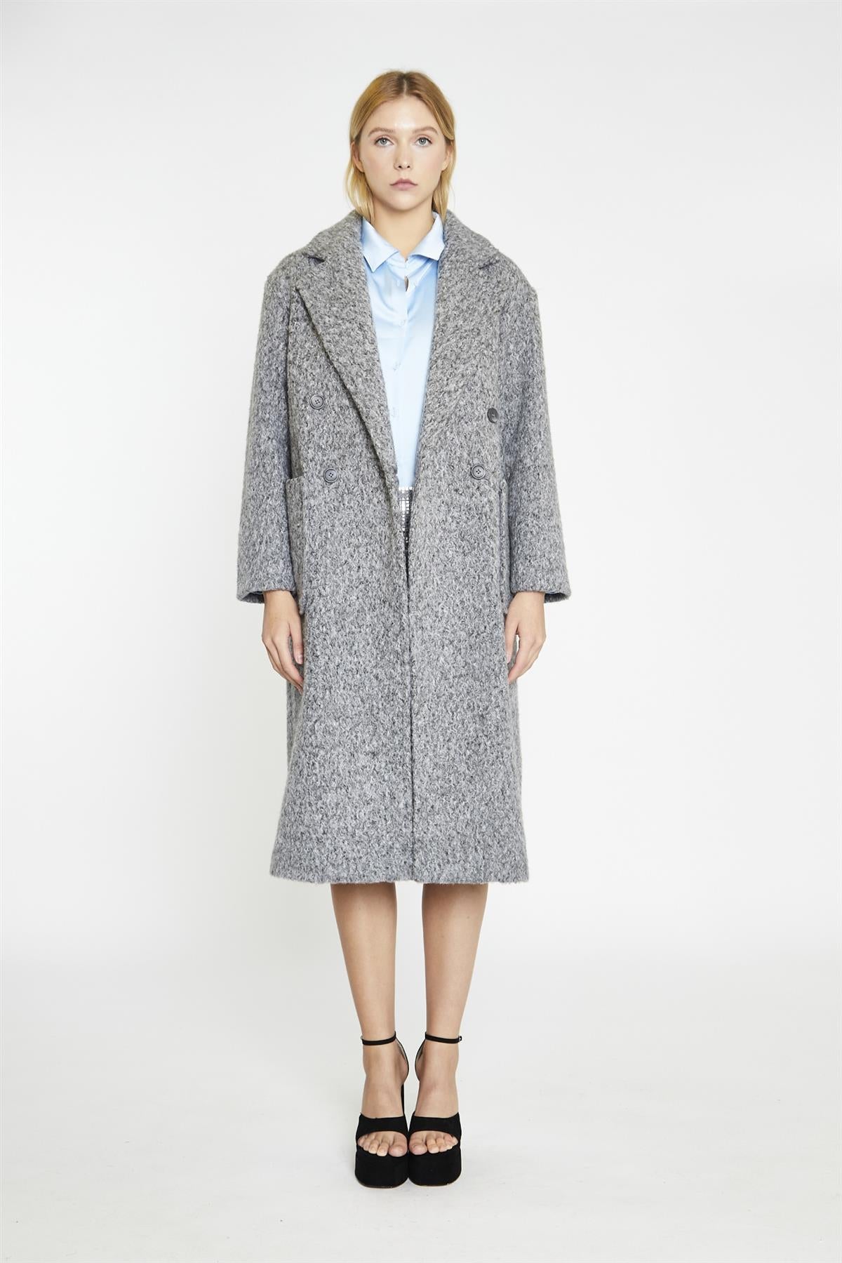 Grey Marl Lapel Collar Midi-Coat