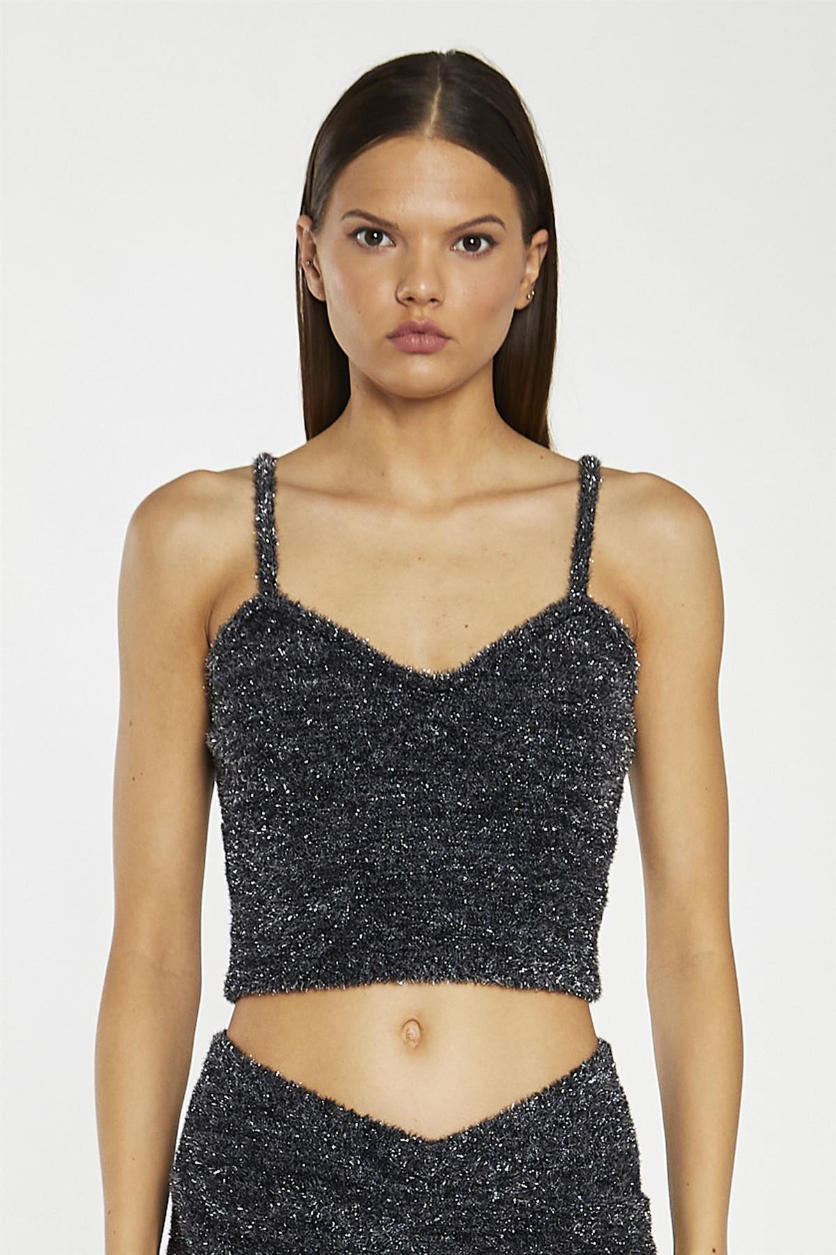 Black-Silver Tinsel Knitted Cami Crop-Top