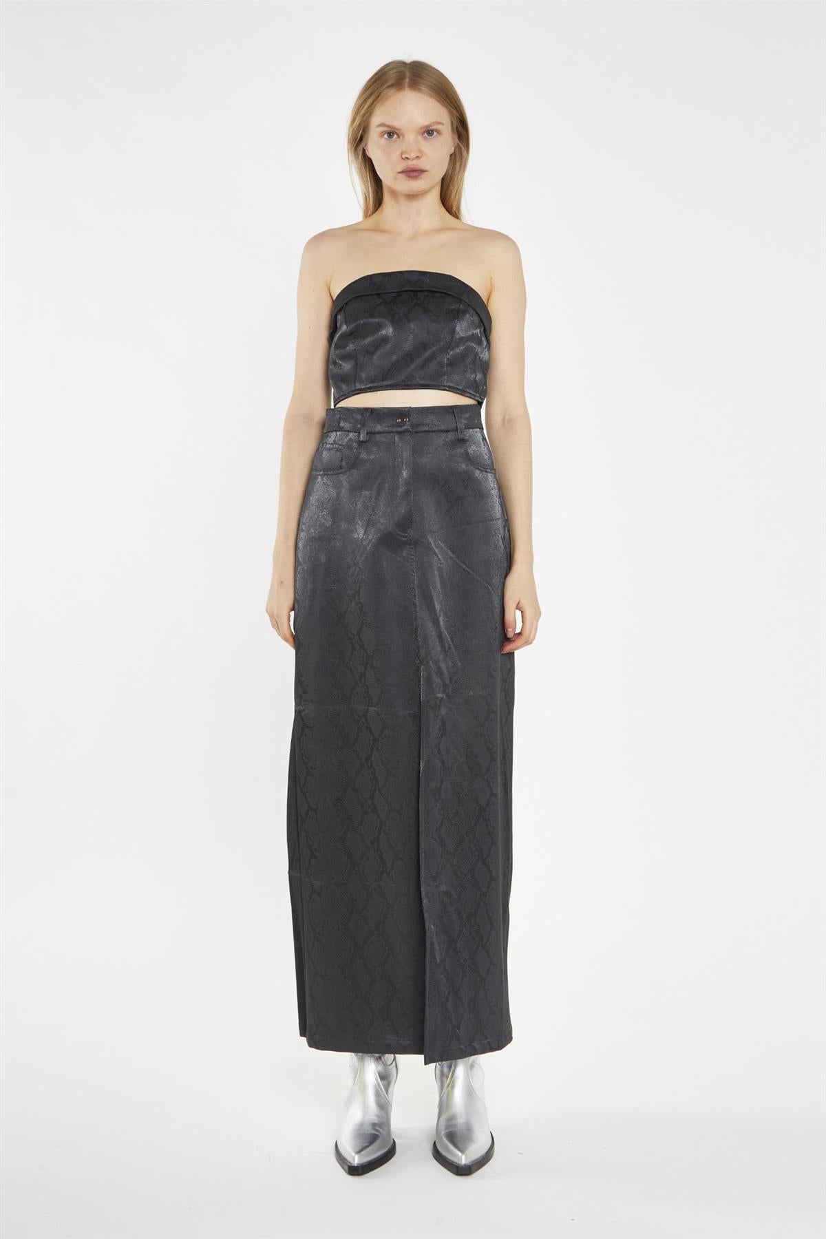 Black-Snake PU Centre-Split Midi-Skirt