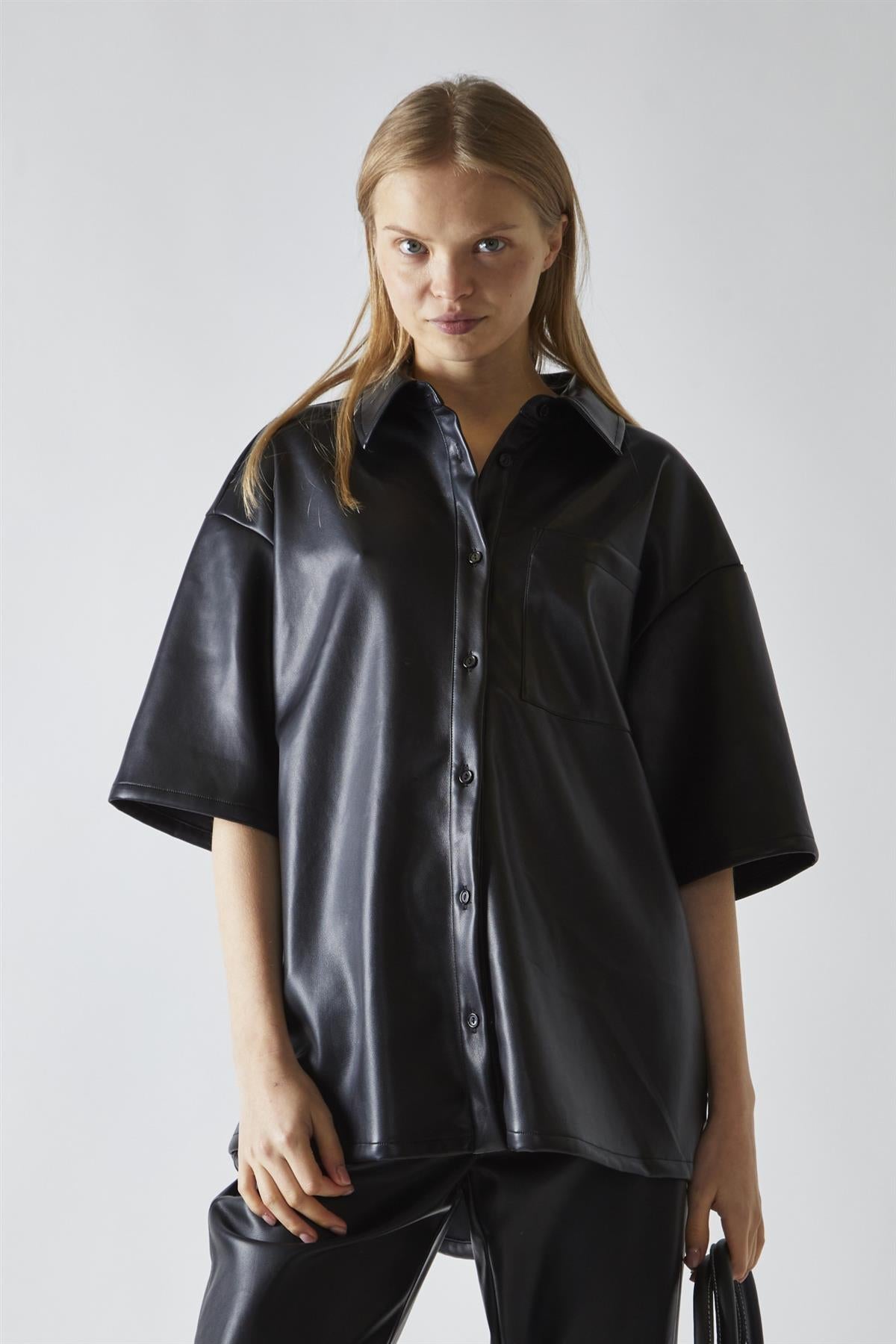 Black-PU Boxy Oversized-Shirt