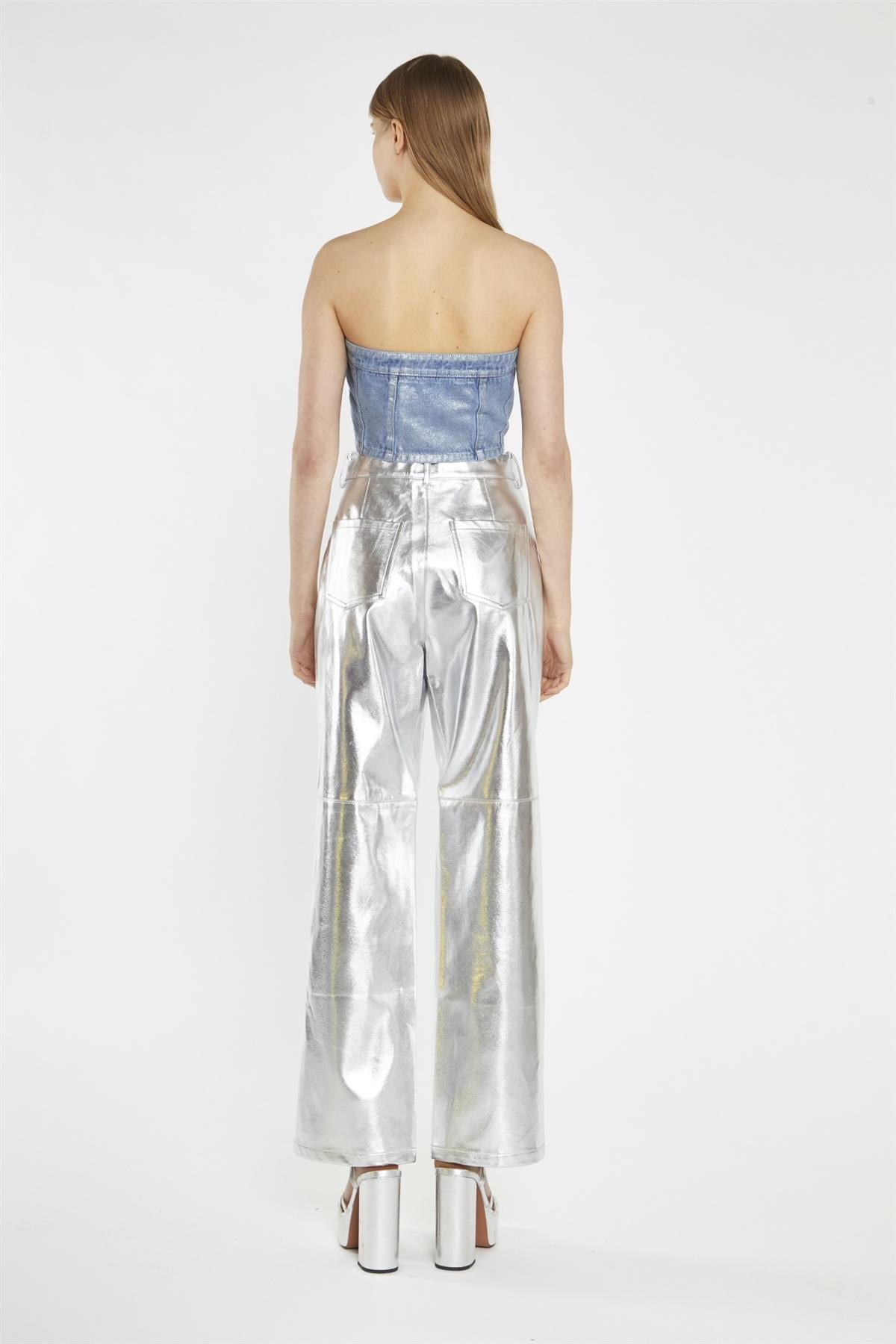 Silver-Pu Wide-Leg Crop-Trousers