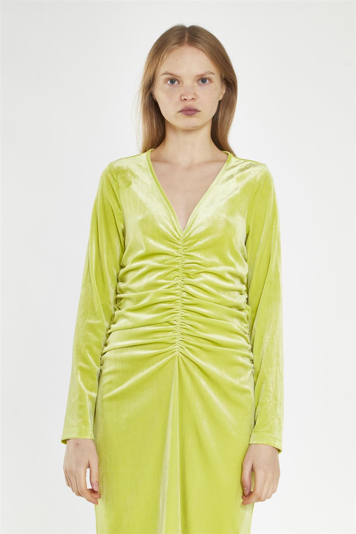 Lime-Green Velvet Ruched-Front Midi-Dress