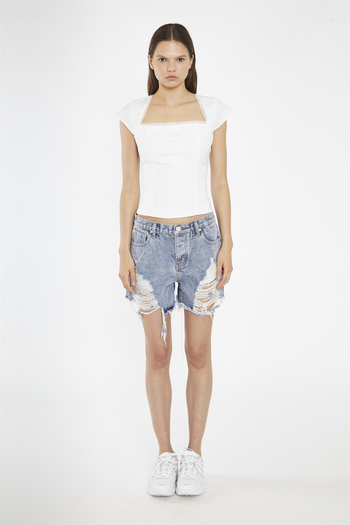 Heavy Vintage-Wash Distressed Denim Shorts