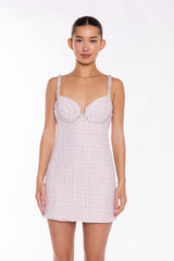 Pink-White Tweed Diamante Trim Mini-Dress