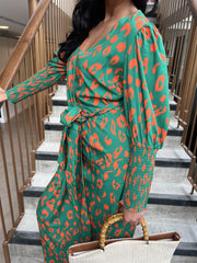 Green-Orange Leopard Wrap Midi-Dress