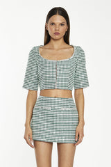 Green-White Houndstooth Round-Neck Diamante Trim Crop-Top