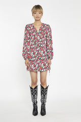 Black-Red 90s-Floral Wrap Mini-Dress