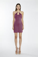 Red-Plum Glitter Chain-Strap Halterneck Mini-Dress