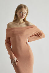 Dusty-Peach Glitter Knitted Bardot Maxi-Dress