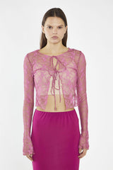 Fuchsia Lace Tie-Front Flare-Sleeve Top