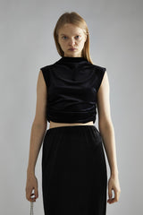 Black-Velvet Ruched Crop-Top