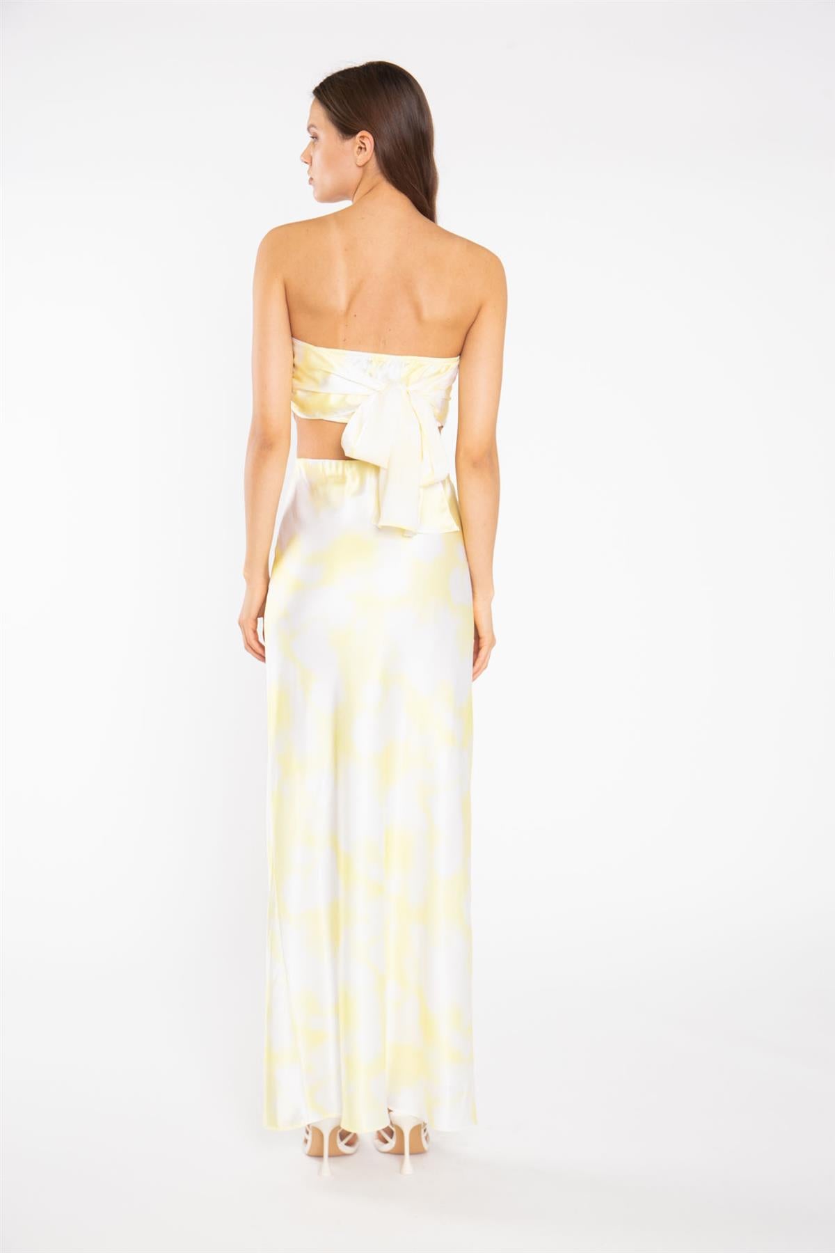 Yellow Print-Satin Bias-Cut Maxi-Skirt