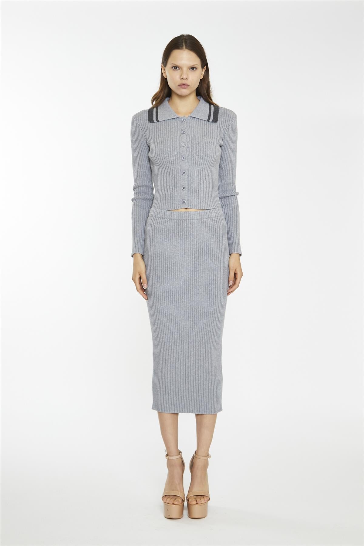 Grey-Marl Rib-Knit Midi-Skirt