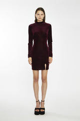 Port-Red Velvet-Rib High-Neck Side-Split Mini-Dress