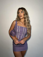 Purple-Houndstooth Square-Neck Corset-Top