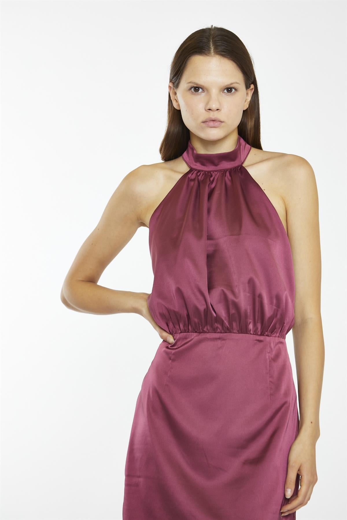 Dark-Raspberry Sateen Diamante Strap Mini-Dress